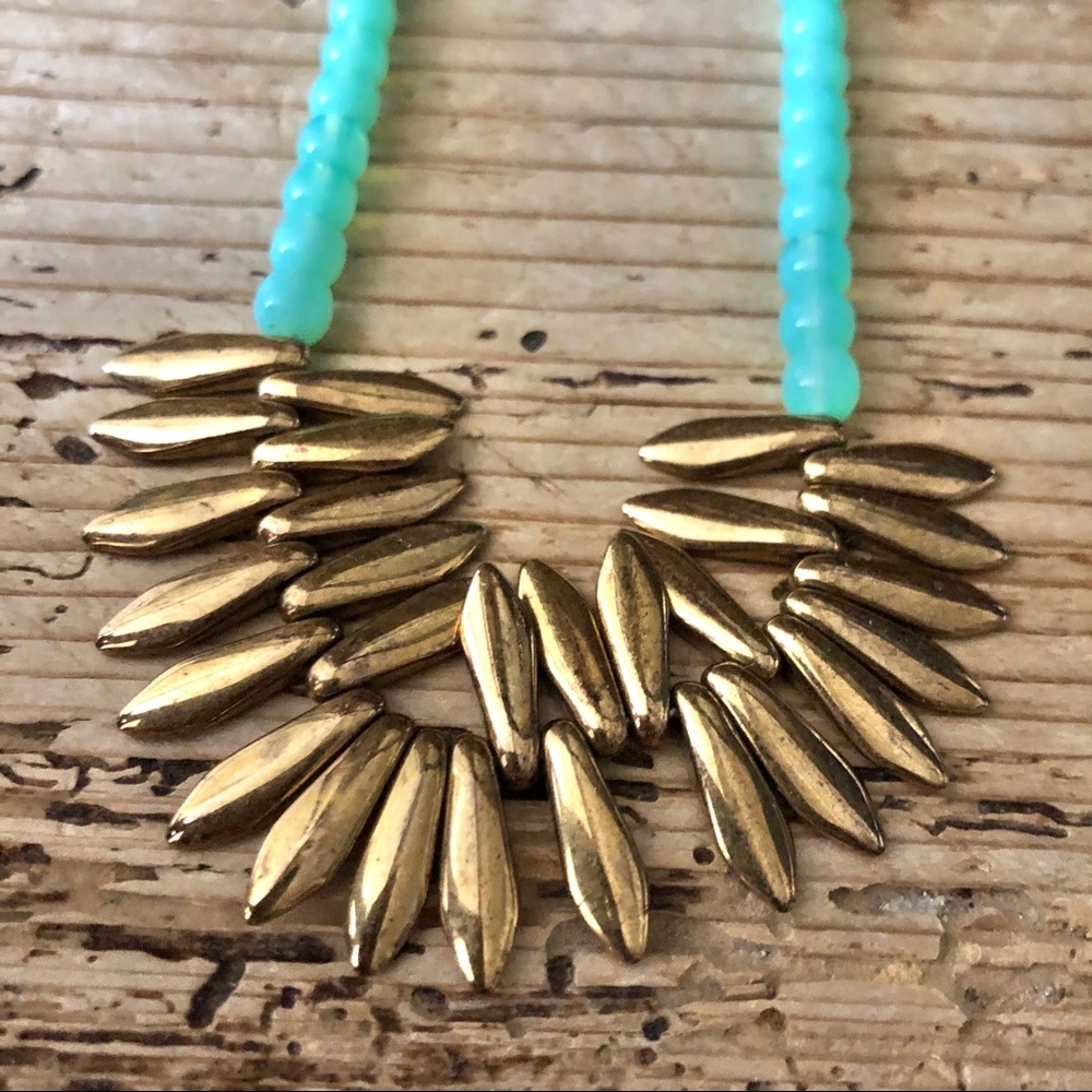 New Turquoise Gold Beaded Statement Necklace Flau… - image 3